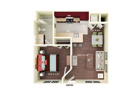 Floor plan for 1 bed, 1 bath, 499 sqft